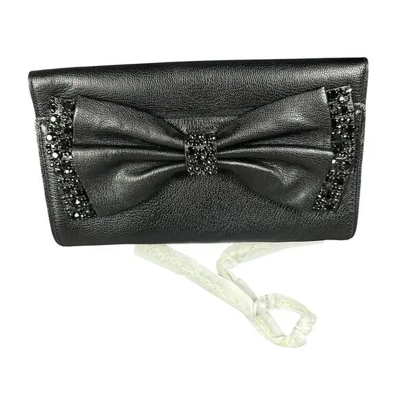 Kate Spade New York Manor Place Shea Black Embellished Leather Clutch Bow NWOT - Picture 1 of 4